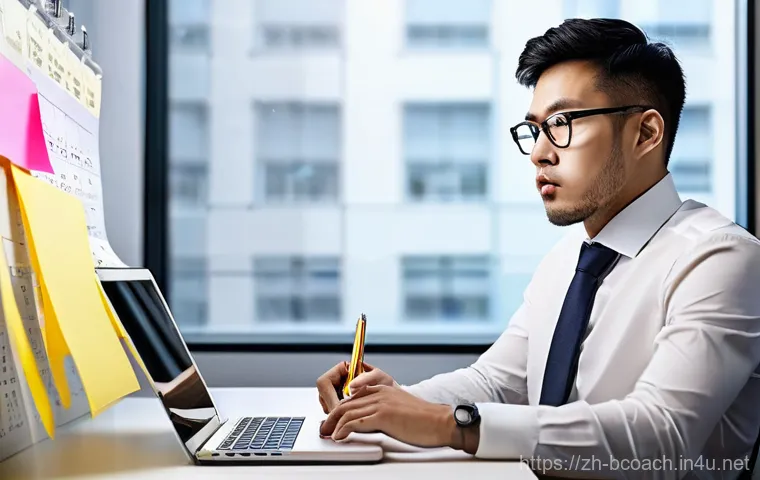 비즈니스 코칭과 업무 우선순위 설정 - **시간 관리 및 생산성**
    A dynamic, high-contrast split image. On the left, a professional person (mid-30...