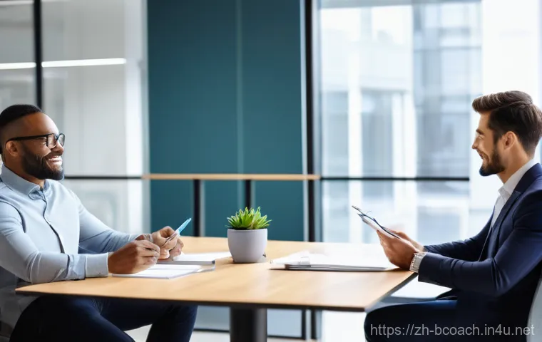 비즈니스 코칭 네트워킹 팁 - A diverse male professional in his early 30s, dressed in smart casual business attire, sits across a...